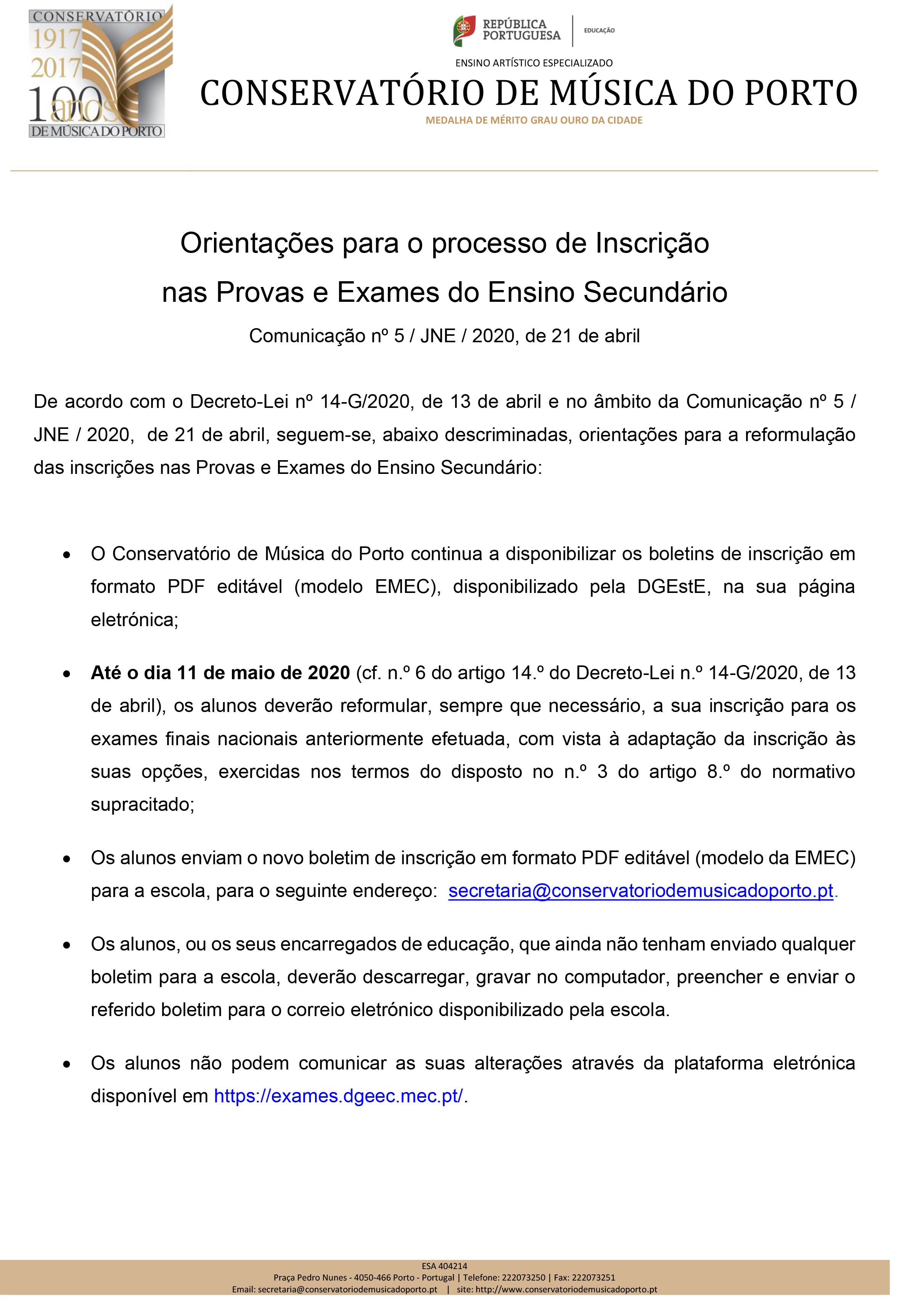 Inscrição exames 2020 1